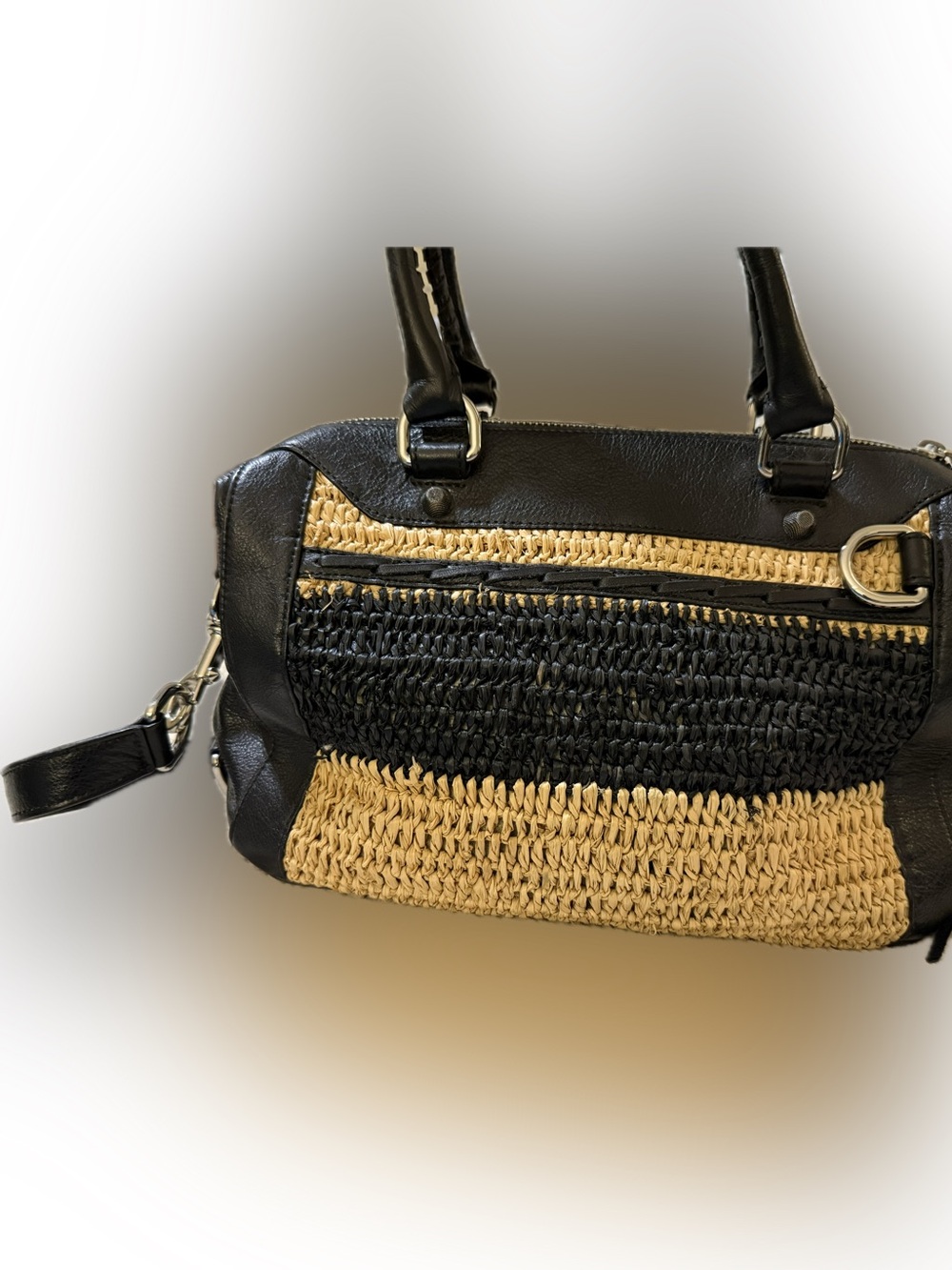 Rebecca Minkoff MAB Woven Straw and Black Leather Shoulder Bag